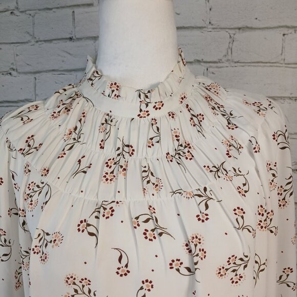 WOMENS FLORAL LOFT BLOUSE, PEASANT SLEEVES, RUFFLED COLLAR CREAM, SIZE XS - Picture 3 of 8